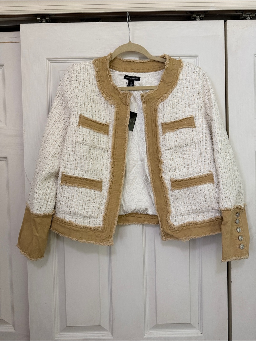 Saks Fifth Avenue White Tweed Jacket with Tan Trim NWT